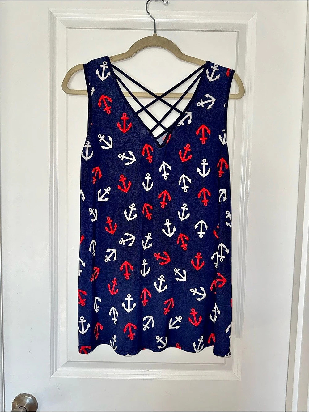 Agenda Anchor Print Crisscross Tank in Blue & Red Large Like New